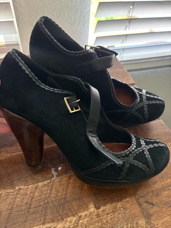 Chie Mihara Shoes - Chie Mihara Black Suede Mary Jane Heels Contrast Stitch Chunky Heel EU 37